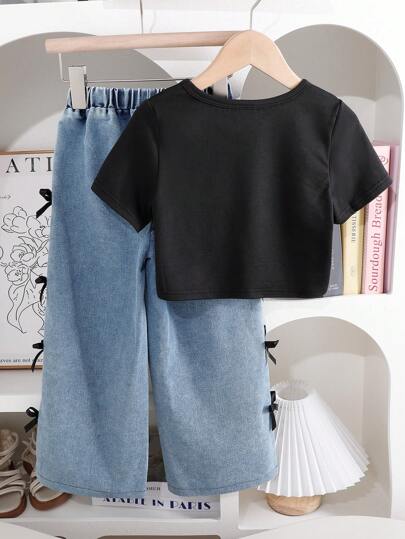 مجموعة تشكيلة تي شيرت كاجوال بطبعة الفراشات وبنطلون واسع الساق مزين بزخرفة ثلاثية الأبعاد بالفراشات للبنات في فصل الصيف