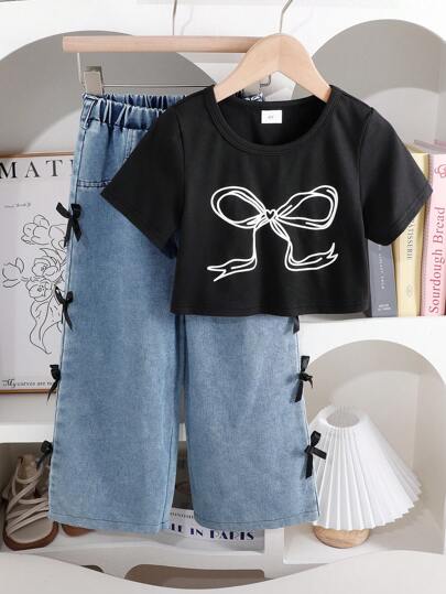 مجموعة تشكيلة تي شيرت كاجوال بطبعة الفراشات وبنطلون واسع الساق مزين بزخرفة ثلاثية الأبعاد بالفراشات للبنات في فصل الصيف