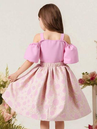 girls-sets مجموعة متكونة من 2 قطعة للفتيات البالغات، ملابس علوية أنيق بأكمام على شكل فراشة وتنورة مزهرة, باللون الوردي، صيفي