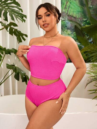 SHEIN Slayr CURVE ملابس سباحة كاجوال لعطلة الشاطئ، مجموعة قطعتين (توب وشورت) للمرأة البدينة، اللون أحادي ، طراز بسيط منمنم، خصر عالٍ