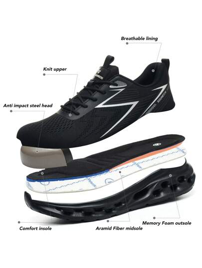 أحذية أمان خفيفة الوزن وناعمة مع إصبع قدم من الصلب، قابلة للتنفس، مقاومة للصدمات ومقاومة للثقوب، مع بطانة رغوة الذاكرة، أحذية أمان رياضية مناسبة للرجال والنساء، أحذية سير مقاومة للثقوب باللون الأسود