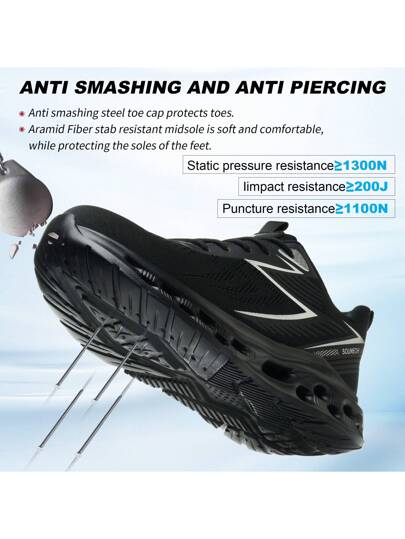 أحذية أمان خفيفة الوزن وناعمة مع إصبع قدم من الصلب، قابلة للتنفس، مقاومة للصدمات ومقاومة للثقوب، مع بطانة رغوة الذاكرة، أحذية أمان رياضية مناسبة للرجال والنساء، أحذية سير مقاومة للثقوب باللون الأسود