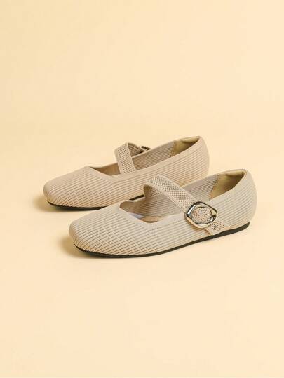 حذاء باليه ماري جين للأميرات، للنساء بتصميم مربع للأصبع، بلون واحد بحزام وإبزيم، ذو قاعدة ناعمة، أحذية كاجوال