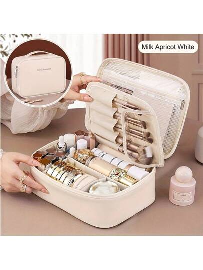 1 حقيبة مكياج متعددة الطبقات سعة كبيرة، من جلد البولي يوريثان مقاوم للماء، مغلقة بسحاب، محمولة باليد، مناسبة للمنزل والسفر، اكسسوارات ضرورات منظم سفر طقم مكياج ،هدايا، تخزين الأظافر