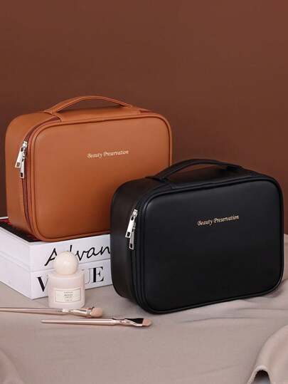 1 حقيبة مكياج متعددة الطبقات سعة كبيرة، من جلد البولي يوريثان مقاوم للماء، مغلقة بسحاب، محمولة باليد، مناسبة للمنزل والسفر، اكسسوارات ضرورات منظم سفر طقم مكياج ،هدايا، تخزين الأظافر