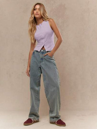 MISSGUIDED ملابس علوية علوي بدون أكمام أساسي ناعم منسوج بأزرار لفصل الصيف ، ملابس علوية مكشوف مطابق متناسق للممارسة الرياضة والعمل اليومي والتمارين