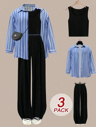 Flirla مجموعة مكونة من 3 قطع لأحجام كبيرة: قميص أبيض ، قميص علوي و بنطلون واسع الساق ، ملابس منزلية كاجوال للخريف/الشتاء