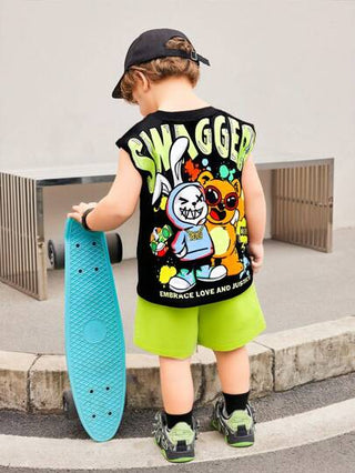 مجموعة ملابس علوية بفتحة رقبة مستديرة وكتف ساقط مطبوع بطباعة الحيوانات الكرتونية للأطفال، وشورت بخصر مطاطي، مناسب للرياضة والكاجوال والخارجي للربيع/الصيف 2 قطعة