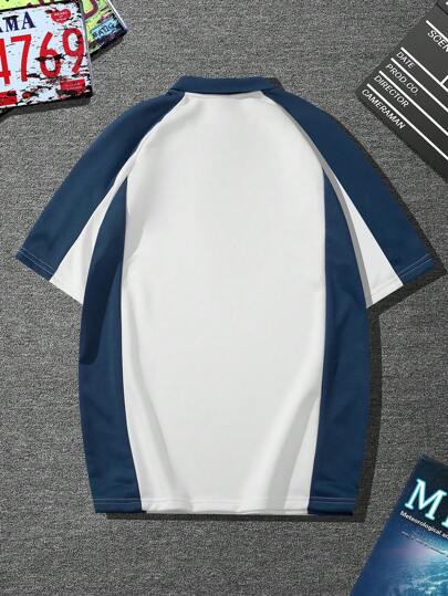 Manfinity Sporsity قميص بولو للرجال قصة فضفاضة بأكمام راجلان مطبوع عليه حرف