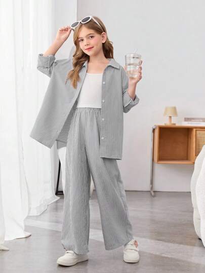 تيشيرتات بناتي مجموعة من 3 قطع للبنات في سن المراهقة: ملابس علوية ذات إسقاط واسعة بخطوط + بنطال ذو ساق واسعة بخطوط + توب كاميسول