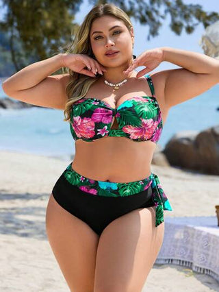 Swim Lushoire مجموعة بيكيني 2 قطعة للمرأة البدينة، القمة المنقوشة بالنباتات الاستوائية العشوائية ذات الكشكشة غير المتماثلة وبيكيني ذو خصر عالي، بتصميم بسيط للاستخدام اليومي والرحلات