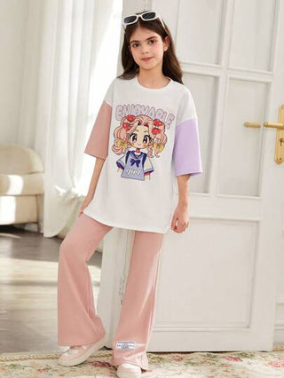 girls-sets مجموعة رياضية بتصميم البنت الكرتونية الملون البلوكي مع كتف مسترخي، أكمام قصيرة وطواقي طاقم للفتيات المراهقات، بنطال بساق واسعة