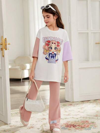girls-sets مجموعة رياضية بتصميم البنت الكرتونية الملون البلوكي مع كتف مسترخي، أكمام قصيرة وطواقي طاقم للفتيات المراهقات، بنطال بساق واسعة