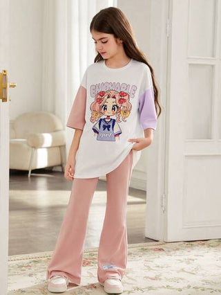 girls-sets مجموعة رياضية بتصميم البنت الكرتونية الملون البلوكي مع كتف مسترخي، أكمام قصيرة وطواقي طاقم للفتيات المراهقات، بنطال بساق واسعة