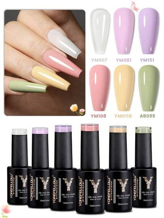 YOKEFELLOW طلاء أظافر جل 10 ملل - 6 ألوان (وردي ، بنفسجي ، أصفر ،AB095) ، درجات ألوان كلاسيكية لربيع وصيف ، مستحضرات العناية بالأظافر ، تدوم لفترة طويلة بلمعان عالي ، جل ينزع بالنقع UV/LED مناسب لفن الأظافر DIY والصالونات والاستخدام المنزلي ، هدية...