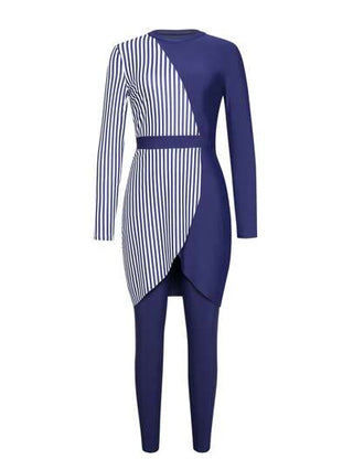 طقم تانكيني حريمي Swim Mulvari فستان وبنطال مجموعة كاجوال في الصيف نسائي، رقبة دائرية، أكمام طويلة، خصر ضيق، لبد مخطط أحادي اللون، أزرق وأبيض ، قميص نسائي وبكيني مناسب للاستجمام