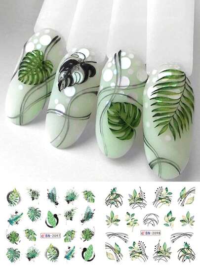 ملصقات أظافر على شكل أوراق نباتية استوائية كالنخيل، ملصقات تحويل مائي لتزيين الأظافر و ديكورها، إكسسوارات تجميل الأظافر باليد