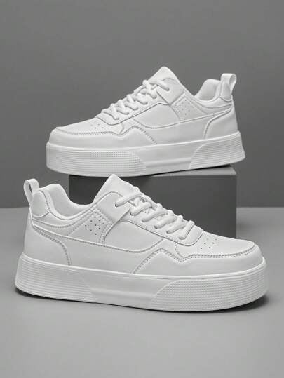 حذاء رياضي رمادي أحادي اللون للرجال بنمط السكيت بورد، برباط أمامي، تصميم ذو تفاصيل زخرفية بشكل بتشوورك ، رأس مستدير، منخفض الرقبة، رياضي