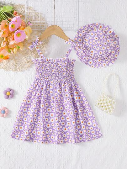 فساتين بيبي MommBaby فستان بفتحة العنق للأطفال الرضع/الصغار من Mommbabay للصيف مع ربطة عقدة، فستان صيفي أنيق بأكمام قصيرة بطبعات زهور متعددة الألوان مع قبعة