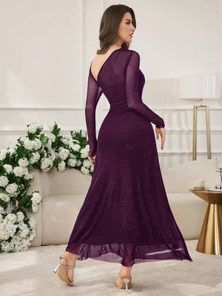 Modelyn العيد فستان طويل مناسب للنساء ذو ياقة غير متماثلة من قماش الشبك اللامع وماسك للجسم