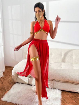 طقم تانكيني حريمي Fantasy Costume مجموعة زي نسائي مرقط بالترتر (ملابس علوية، تنورة، سراويل داخلية، إكسسوار للساق، إكسسوار للذراع)