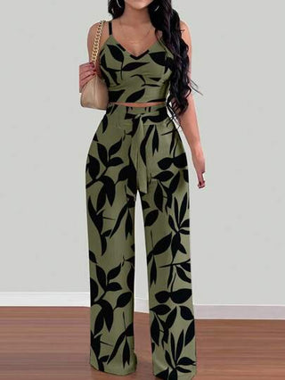 INAWLY مجموعة من 2 قطعة، بنطلون فضفاض بخصر مطّاطي مع ملابس علوية كاميسول ذو نسج بنمط الأزهار للنساء