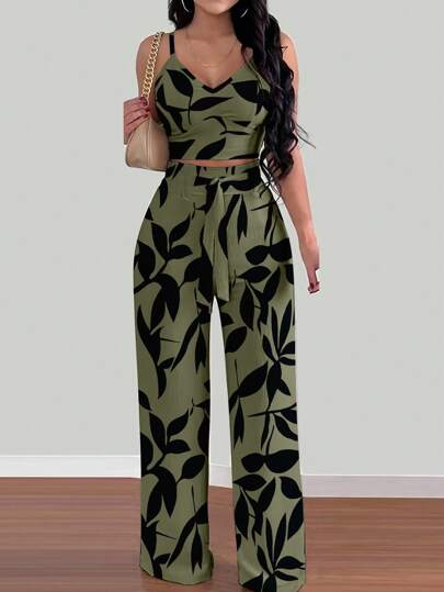 INAWLY مجموعة من 2 قطعة، بنطلون فضفاض بخصر مطّاطي مع ملابس علوية كاميسول ذو نسج بنمط الأزهار للنساء