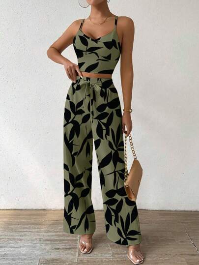 INAWLY مجموعة من 2 قطعة، بنطلون فضفاض بخصر مطّاطي مع ملابس علوية كاميسول ذو نسج بنمط الأزهار للنساء