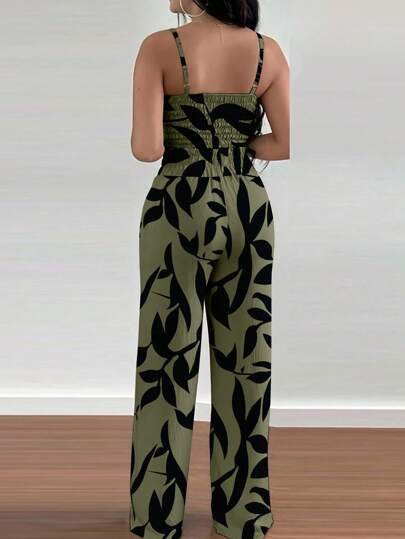 INAWLY مجموعة من 2 قطعة، بنطلون فضفاض بخصر مطّاطي مع ملابس علوية كاميسول ذو نسج بنمط الأزهار للنساء