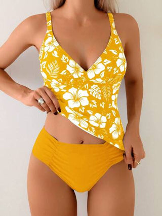 طقم تانكيني حريمي Swim Lushoire ملابس علوية بحر طباعة زهرية بياقة على شكل V للنساء، بكشف ظهر لأعلى بيكيني