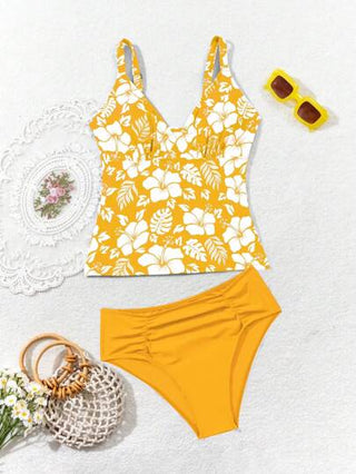 طقم تانكيني حريمي Swim Lushoire ملابس علوية بحر طباعة زهرية بياقة على شكل V للنساء، بكشف ظهر لأعلى بيكيني