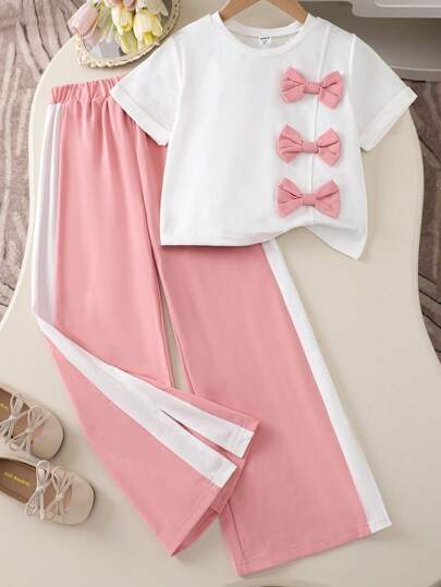 تيشيرتات بناتي قطعتان بنتات بدلة مرتخية وردية مع بدلة قصيرة كم أبيض وقميص وربطة عنق وبنطال قطعتين برتقالي وأبيض مناسب للربيع/الصيف اليومي ، الرياضة ، الراحة ، التسوق والإجازات