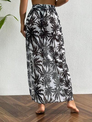 Swim Vcay 1 قطعة حجاب طويل الأكمام من الشيفون مطبوع بنمط أشجار النخيل الأبيض والأسود ، للاستخدام على الشاطئ في الصيف للنساء