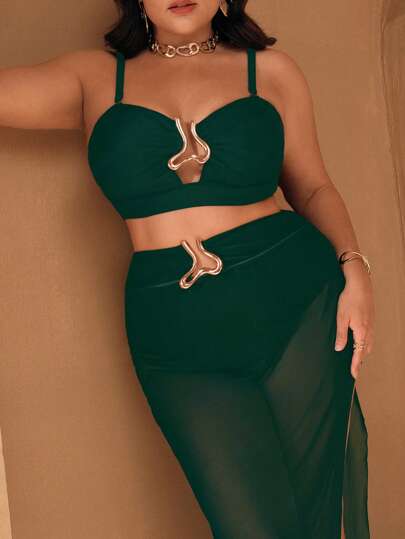 Swim Oasis طقم نسائي كبير الحجم 3 قطع من أوازيس: ملابس علوية أسود عالي الجودة بدون أحزمة مع أحزمة قابلة للإزالة، وبنطلون عالي الخصر مزين بالذهبي، مع وشاح أسود من الشبك، مناسب لارتداء في صيف شواطئ المنتجعات