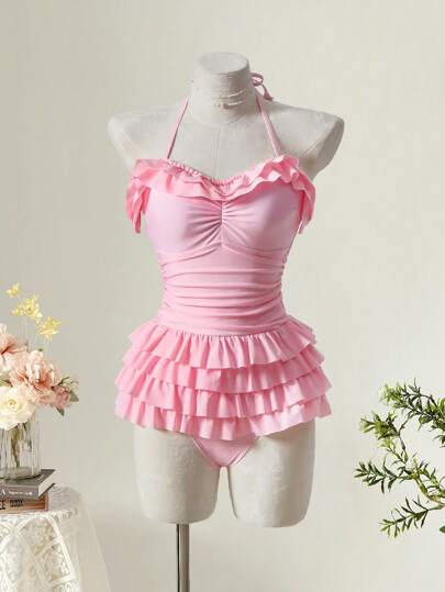 مايوه حريمي قطعة واحدة MOD قطعة واحدة من بدلة السباحة النسائية ذات الطبقات المتعددة الألوان ، بطراز رومانسي