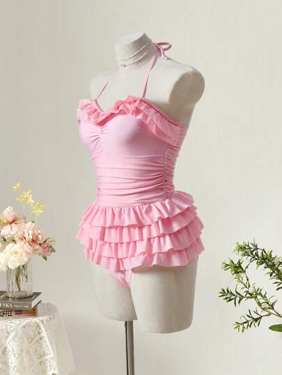 مايوه حريمي قطعة واحدة MOD قطعة واحدة من بدلة السباحة النسائية ذات الطبقات المتعددة الألوان ، بطراز رومانسي