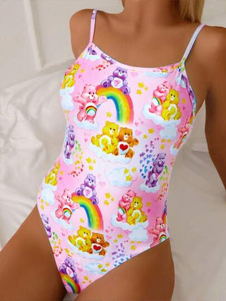 مايوه حريمي قطعة واحدة X Care Bears بدلة السباحة قطعة واحدة للنساء، من قماش مطاطي، باللون الوردي، طبعة بصبغة التايدي، السحب، النجوم، نمط الكرتوني، بتصميم جذاب وكاجوال، لارتداء على الشاطئ والإجازات، للربيع والصيف