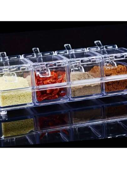 1 طقم من أوعية التوابل الأكريليكية ذات 4 خانات مع ملعقة، حاويات تخزين البهارات الشفافة، أوعية الملح والسكر والتوابل، صندوق توابل إبداعي، أدوات مطبخ وطعام