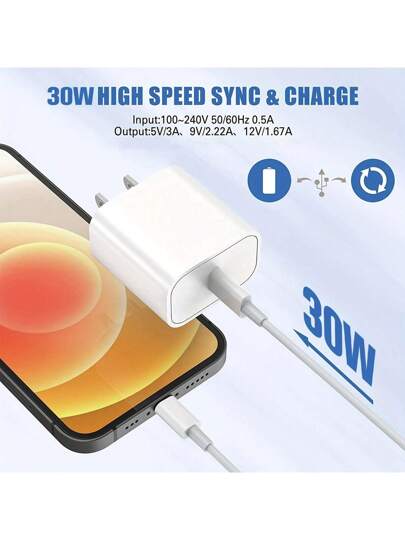 محول شحن سريع 30 واط + كبل شحن وإرسال بيانات كفؤ بطول 6 قدم، متوافق مع هواتف آيفون 14 برو ماكس/ 14 برو/14 بلس/14/13/12/11/إكس إس/إكس أر/سلسلة آي باد، مجموعة شاحن الحائط مناسب للسفر والمكتب والسكن والمنزل