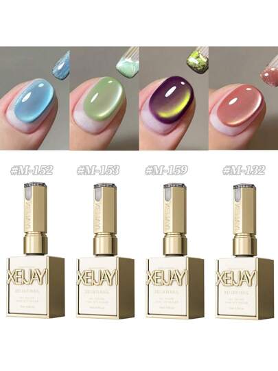 XEIJAYI 4 قطع طقم طلاء أظافر جل شكل عين القط ملون 15مل بتقنية النقع والنزع غير المشمع، مناسب للربيع والصيف