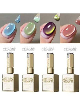 XEIJAYI 4 قطع طقم طلاء أظافر جل شكل عين القط ملون 15مل بتقنية النقع والنزع غير المشمع، مناسب للربيع والصيف