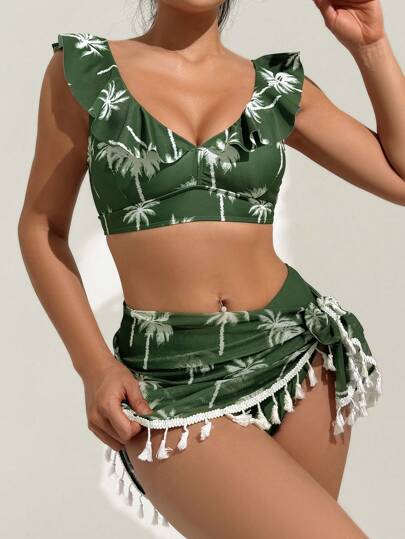 3 قطع بدلة سباحة للنساء مطبوعة بشجرة جوز الهند مع بيكيني وتنورة السارونغ