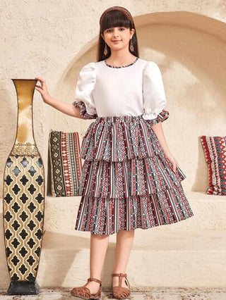 girls-sets طقم ملابس علوية بتصميم عطلة مع تنورة مخططة للفتيات المراهقات