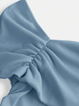 ملابس بناتي Girlism تي شيرت T-shirt كاجوال غير متماثل الأكتاف مجعد منسوج بالألوان الداكنة مناسب للمراهقات
