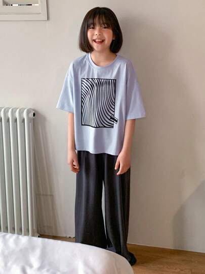 بيجاما DAZY طقم بنطلون و تيشيرت أكمام قصيرة بطبعات مطبوعة ، ملابس منزلية للبنات من المراهقين للربيع والصيف