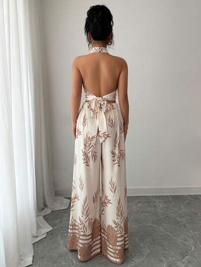 Calvaya مجموعة قطعتين أنيقة للنساء للعطلات، توب بياقة حلقية، بدون ظهر وربطة في الخصر، وبنطلون واسع الساق مطبوع