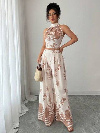 Calvaya مجموعة قطعتين أنيقة للنساء للعطلات، توب بياقة حلقية، بدون ظهر وربطة في الخصر، وبنطلون واسع الساق مطبوع