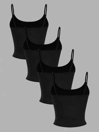 EZwear 4 قطع/مجموعة من بلوزات ضيقة سوداء مقصرة الأكمام للنساء، ملابس كاجوال للصيف