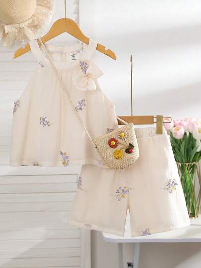 تيشيرتات بناتي 2 قطعة/مجموعة لأطقم ألبسة بنات ذات طباعة زهور للاسترخاء والعطلات