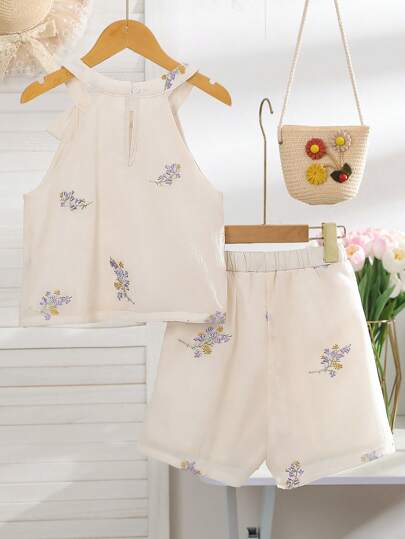 تيشيرتات بناتي 2 قطعة/مجموعة لأطقم ألبسة بنات ذات طباعة زهور للاسترخاء والعطلات